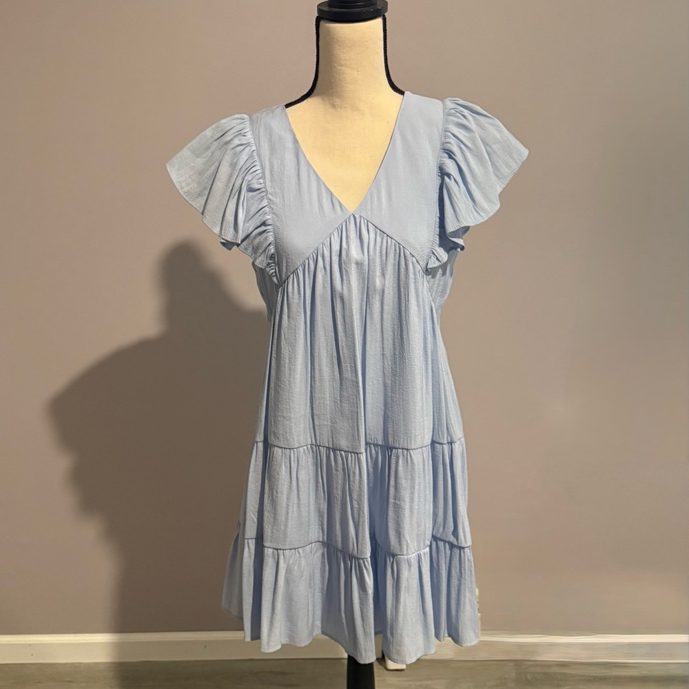 THML Sky Blue Flutter Sleeve Mini Dress
Fully lined.